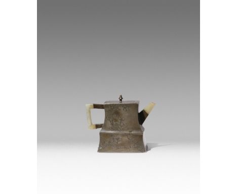 A CHINESE PEWTER-ENCASED YIXING TEAPOT QING DYNASTY The rectangular stepped and flared body, decorated with an inscription, b