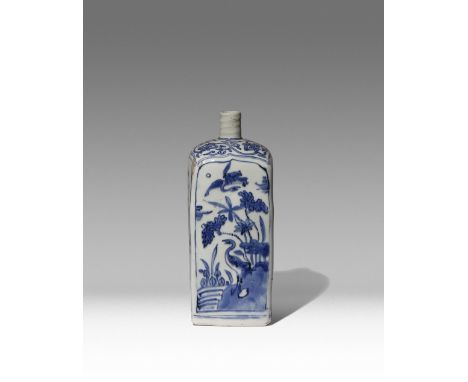 A CHINESE BLUE AND WHITE SQUARE-SECTION FLASK WANLI 1573-1620 Each face painted with differing flowering plants, one face pai