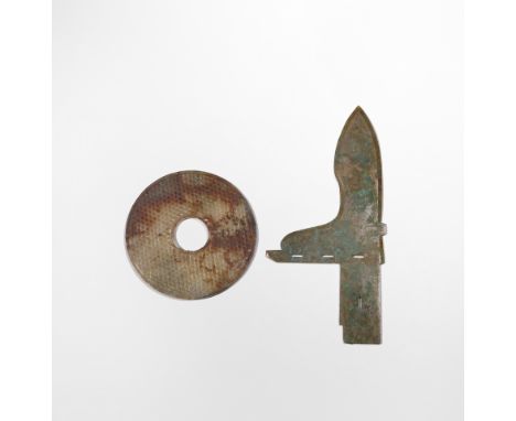 A CHINESE JADE BI DISC AND A JADE HALBERD BLADE, GE POSSIBLY WARRING STATES PERIOD The disc carved on each side with nodes, t