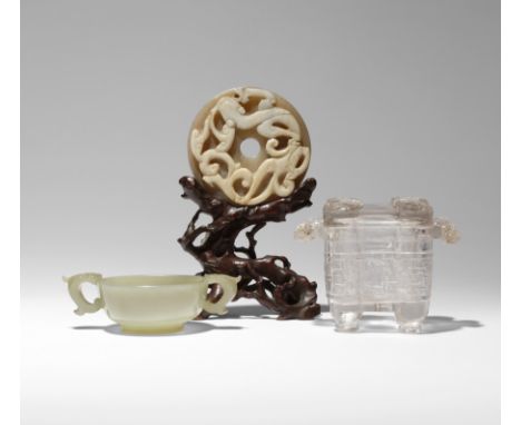 TWO CHINESE JADE ITEMS AND A ROCK CRYSTAL INCENSE BURNER AND COVER QING DYNASTY One jade item a bi worked in relief with a ch