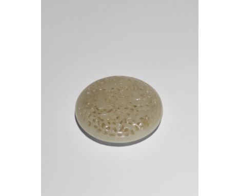 A CHINESE PALE CELADON JADE OPENWORK CIRCULAR BOX AND COVER QING DYNASTY Each side carved with two bats amidst lingzhi and me