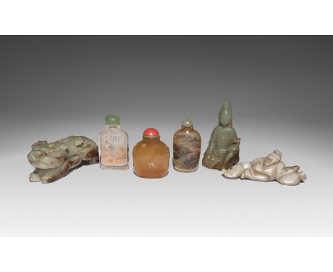 THREE CHINESE JADE FIGURES AND THREE SNUFF BOTTLES QING DYNASTY AND LATER One carved as a recumbent pixiu, with a bifurcated 