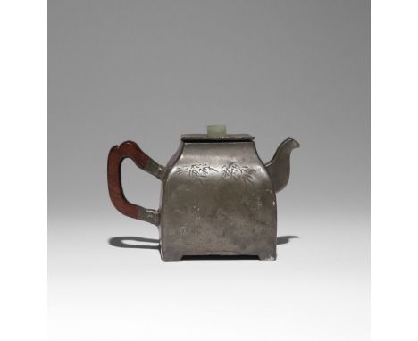 A CHINESE INSCRIBED PEWTER-ENCASED YIXING SQUARE-SECTION TEAPOT AND COVER QING DYNASTY The body tapering towards the rim, inc