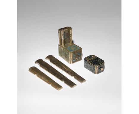 THREE BAITONG SCROLL WEIGHTS LATE QING DYNASTY/ REPUBLIC PERIOD Each shaped as a qin, together with two baitong and enamel in
