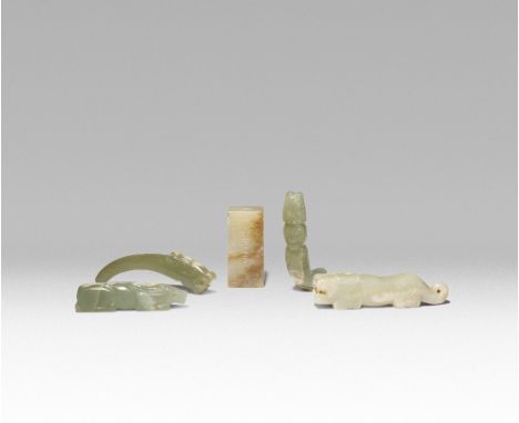 FIVE SMALL CHINESE ARCHAISTIC CELADON JADE CARVINGS PROBABLY QING DYNASTY Comprising: a xi terminating in a dragon head, a sq