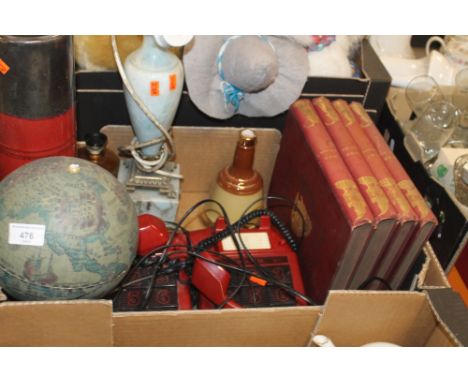 A TRAY OF ASSORTED SUNDRIES TO INCLUDE A SMALL DRINKS GLOBE, FOUR BOUND VOLUMES OF 'PUNCH', VASES ETC.