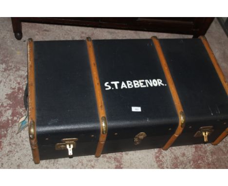 A WOOD BOUND BLUE TRUNK