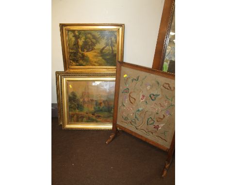 A PAIR OF EMBOSSED PICTURES TOGETHER WITH A FRAMED PRINT AND AN EMBROIDERED FIRE SCREEN  (4)