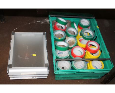 A TRAY OF ASSORTED ROLLS OF TAPE TOGETHER WITH A METAL SHELF