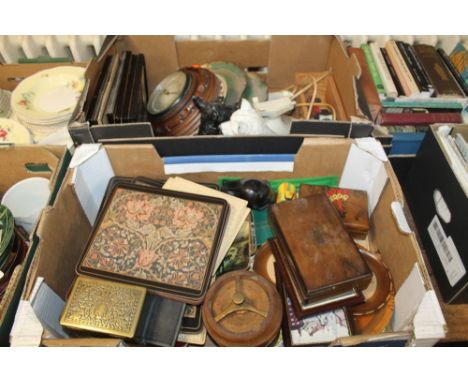 TWO TRAYS OF COLLECTABLES TO INCLUDE A BAROMETER. VINTAGE PHONE, JEWELLERY BOXES, COMPASS SET ETC.
