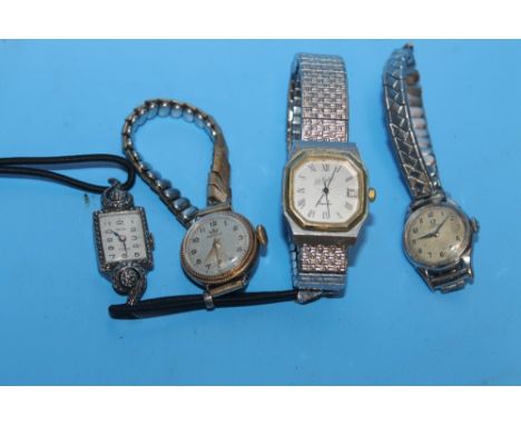 OMEGA A SMALL LADIES STAINLESS STEEL MANUAL WIND WRIST WATCH, along with a yellow metal ladies Markin wrist watch together wi
