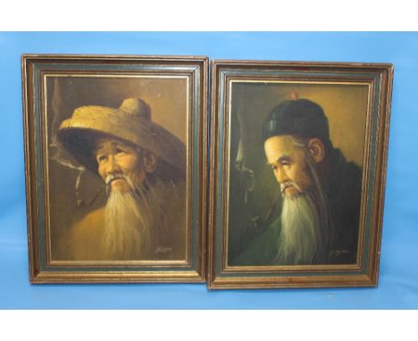 TWO PORTRAIT PAINTINGS OF ORIENTAL GENTLEMEN SIGNED CHAN