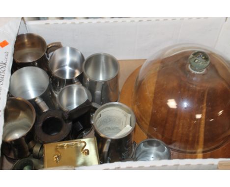 A BOX OF ASSORTED TANKARDS, A CARRIAGE CLOCK ETC.