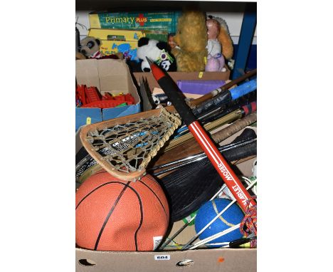 FOUR BOXES OF TOYS AND GAMES ETC, to include soft toys, Top Trumps cards, Charlet Moser climbing axe, twelve vintage metal fi