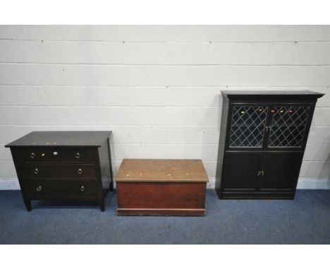A 20TH CENTURY OAK CHEST OF THREE LONG DRAWERS, width 92cm x depth 47cm x height 79cm, along with an oak tool chest, and a bo