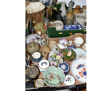 TWO BOXES AND LOOSE CERAMICS, to include a large Eastgate Pottery 'Fauna' jug, height 28cm, an oriental celadon glazed bowl p