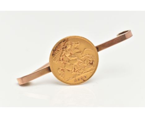 A MOUNTED HALF SOVEREIGN BROOCH, obverse depicting Edward VII, reverse dated 1910, approximate width 19.2mm, mounted onto a p