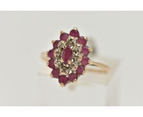 A 9CT GOLD RUBY AND DIAMOND CLUSTER RING, lozenge cluster set with a central marquise cut ruby, single cut diamond accents to