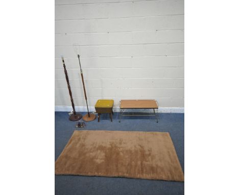 A SELECTION OF MID-CENTURY 1970'S OCCASIONAL FURNITURE, to include a rectangular wire framed coffee table, a brown rug, a sew