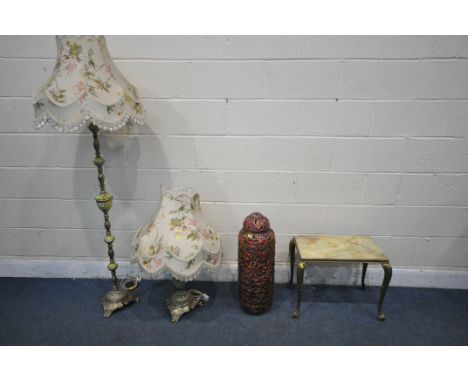 A BRASS AND ONYX STANDARD LAMP, height 128cm, a brass and onyx table lamp, both with shades, a Moroccan style jewelled table 