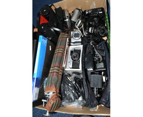 A BOX OF CAMERAS, to include a boxed Olympus Trip 35, a cased Nikon EM fitted with an f2.5 35mm lens, a Hanimex automatic zoo