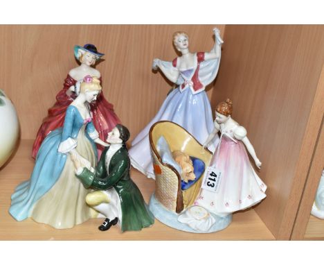 FOUR ROYAL DOULTON FIGURINES, comprising Beat You To It HN2871, June HN2991, Genevieve HN1962, and The Suitor HN2132 figure g