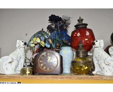 A GROUP OF TABLE LAMPS AND CERAMICS, comprising a pair of Staffordshire style spaniels, height 31cm, a Tiffany style table la