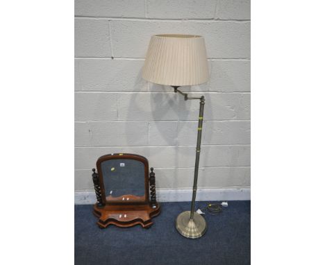 A VICTORIAN MAHOGANY DRESSING MIRROR, with turned finials, barley twist supports, width 61cm x height 64cm, and a standard la