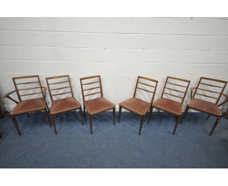 A SET OF SIX MID CENTURY TEAK MCINTOSH DINING CHAIRS, including two carvers (condition report: one chair with missing ladderb