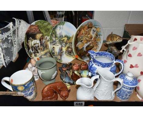 ONE BOX OF CERAMICS, to include two Emma Bridgewater 'Heart' pattern jugs, a Beswick 'Trout' 1032, a Royal Doulton 'Little Ba