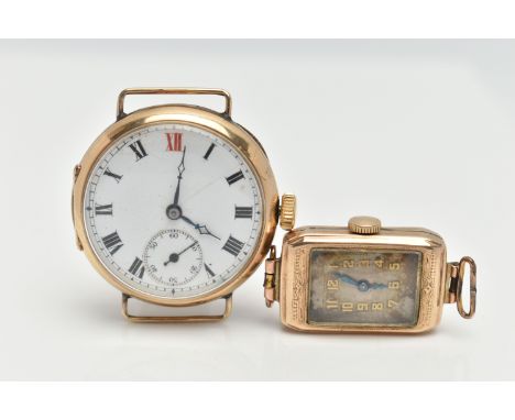 TWO MID 20TH CENTURY, 9CT GOLD WATCHES, the first a manual wind watch of a rectangular form, silver dial, Arabic numerals, bl