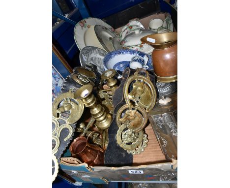 TWO BOXES OF CERAMICS AND METAL WARES ETC, to include a Sadler teapot with gilt decoration, two Copeland Spode Italian bowls,