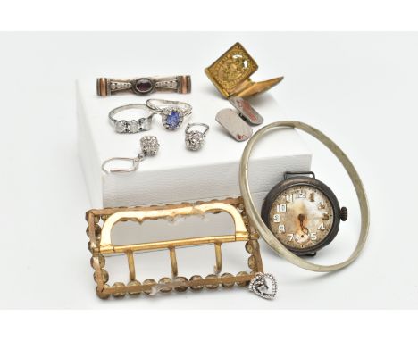 A BOX OF ASSORTED ITEMS, to include a silver nurses belt buckle, hallmarked 'Adie &amp; Lovekin Ltd' Birmingham 1909, approxi