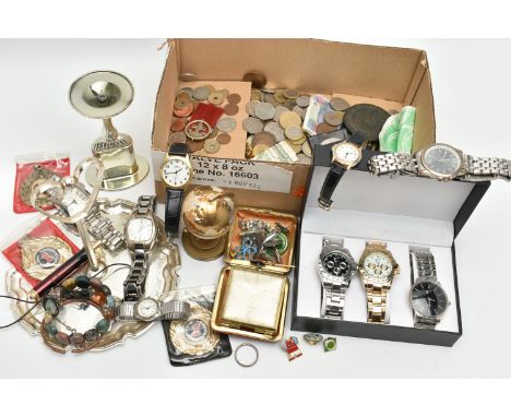 A BOX OF ASSORTED ITEMS, to include a boxed set of three gents 'TC' wristwatches, other loose watches names to include Sekond