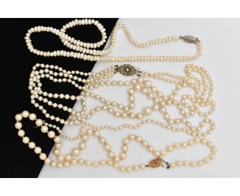 THREE CULTURED PEARL NECKLACES, to include a single row of graduated cultured pearls, measuring approximately 5.5mm to 8.4mm,