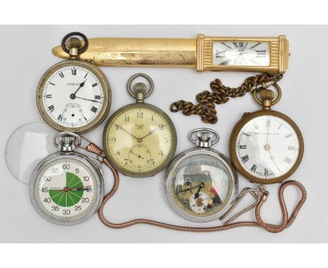 FOUR POCKET WATCHES, A STOP WATCH AND A NOVELTY CLOCK LETTER OPENER, to include a novelty manual wind Ingersoll football pock