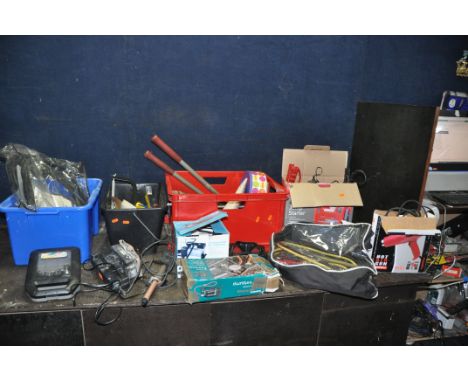 THREE BOXES OF AUTOMOTIVE AND POWER TOOLS, to include a Phaze 4 in 1 car booster, a Maplin car tyre compressor, a Power Devil