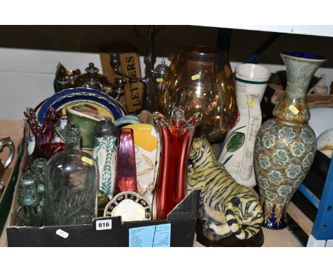 TWO BOXES AND LOOSE CERAMICS AND GLASS ETC, to include a ruby red overlaid glass vase possibly by Egermann of Bohemia, vintag