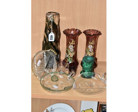 A SMALL COLLECTION OF DECORATIVE GLASS WARES, comprising a Whitefriars streaky knobbly vase in the green colourway, approxima