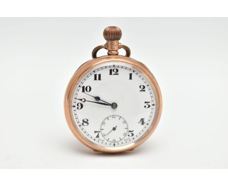 A 9CT GOLD OPEN FACE POCKET WATCH, manual wind, white dial, Arabic numerals, subsidiary seconds dial at the six o'clock posit