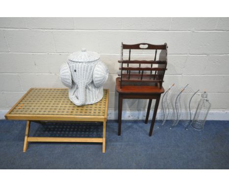 A SELECTION OF OCCASIONAL FURNITURE, to include a beech folding table, with glass insert, a white painted basket, in the form