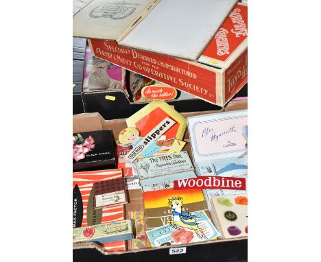 TWO BOXES OF VINTAGE ADVERTISING BOXES, TINS AND PACKAGES, to include mid-century cardboard shop advertising display stands, 