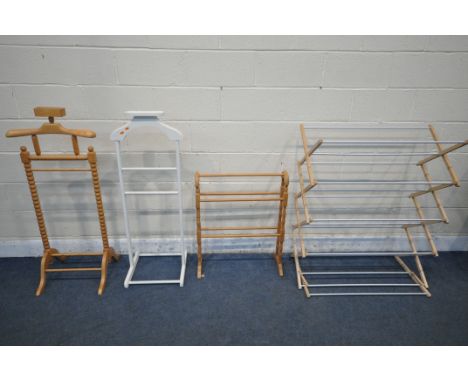 A MODERN BEECH GENTLEMAN'S VALET STAND, with bobbin turned supports, width 52cm x height 120cm, another white painted valet s