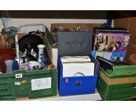 FIVE BOXES AND A CASE OF RECORDS, BOOKS, CERAMICS, GLASS AND SUNDRY ITEMS, to include a small case of approximately thirty vi