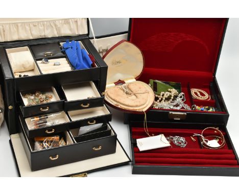 TWO JEWELLERY BOXES WITH CONTENTS OF COSTUME JEWELLERY, to include a 50 micron 9ct rolled gold hinged bangle, a 1/5 9ct rolle