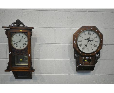 A 19TH CENTURY ROSEWOOD AND MOTHER OF PEAR OCTAGONAL DROP DIAL WALL CLOCK, height 66cm, one pendulum, along with another 19th