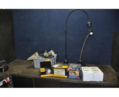 TWO MODERN WORK LAMPS with LED bulbs, three halogen lamps in boxes, two LAP outdoor lamps in boxes and a tray of halogen lamp
