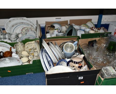 SIX BOXES OF CERAMICS AND GLASS WARES, to include a Russell Hobbs electric coffee pot, Empire Crinoline lady tea wares, Royal