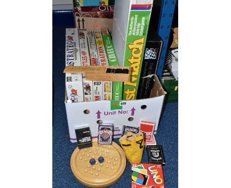 TWO BOXES OF GAMES to include Test Match (contents appear incomplete) The Drinking Chess Set, Cluedo, Operation, Hangman, Bat