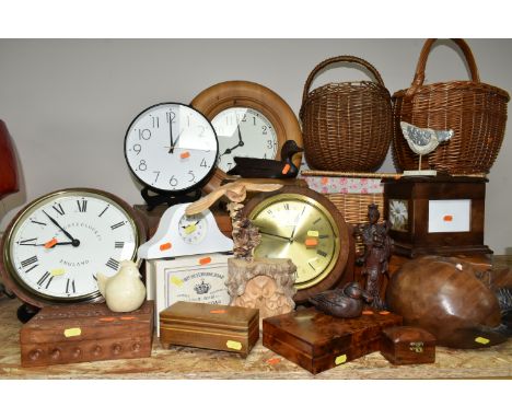 A LARGE QUANTITY OF WICKER SHOPPING BASKETS, WALL CLOCKS AND TREEN, comprising cigarette boxes, a Junghans Ato-Mat circular w